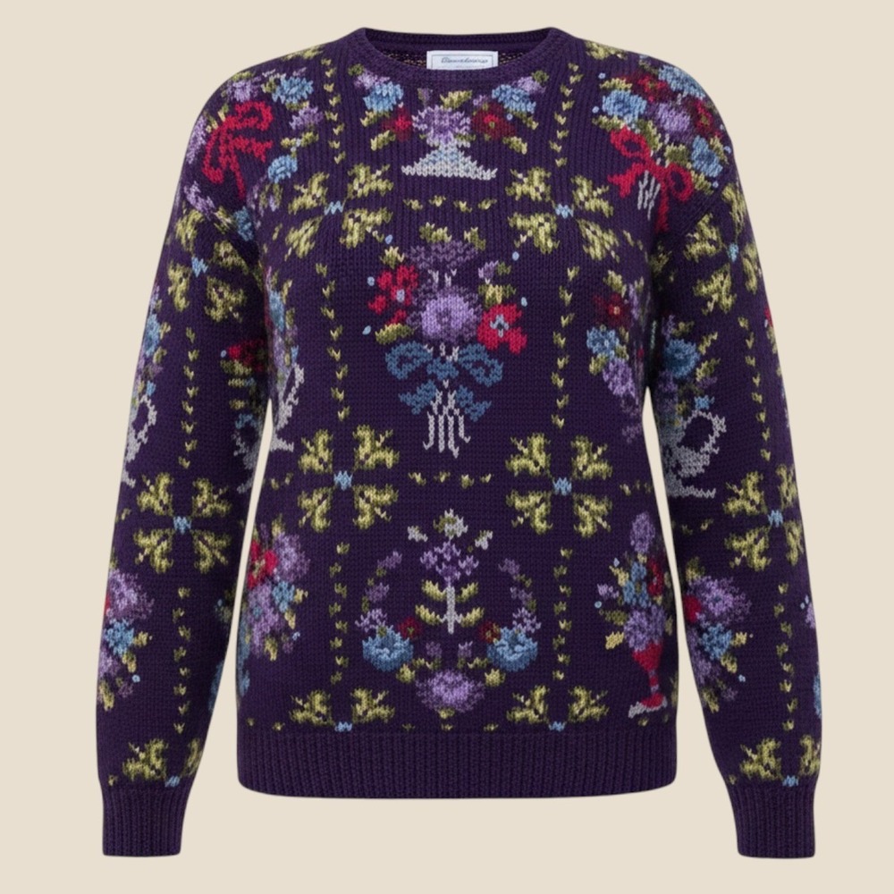 Signatures by Northern Isles Purple Floral Hand Knitted Sweater cottagecore L